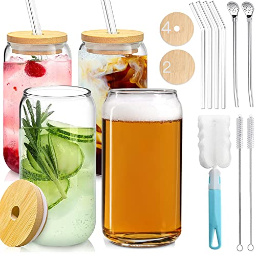 4 Pcs Drinking Glasses with Bamboo Lids(6) and Glass Straws(4) - 18.5 Oz Can Shaped Glass Cups Beer Glasses Ice Coffee Glasses Cute Tumbler Cup Great for Soda Boba Tea Cocktail Include Cleaning Brush