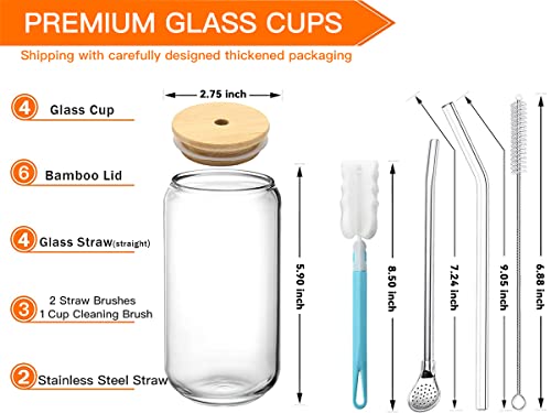 4 Pcs Drinking Glasses with Bamboo Lids(6) and Glass Straws(4) - 18.5 Oz Can Shaped Glass Cups Beer Glasses Ice Coffee Glasses Cute Tumbler Cup Great for Soda Boba Tea Cocktail Include Cleaning Brush