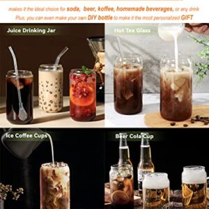 4 Pcs Drinking Glasses with Bamboo Lids(6) and Glass Straws(4) - 18.5 Oz Can Shaped Glass Cups Beer Glasses Ice Coffee Glasses Cute Tumbler Cup Great for Soda Boba Tea Cocktail Include Cleaning Brush