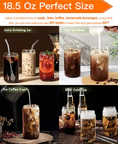 4 Pcs Drinking Glasses with Bamboo Lids(6) and Glass Straws(4) - 18.5 Oz Can Shaped Glass Cups Beer Glasses Ice Coffee Glasses Cute Tumbler Cup Great for Soda Boba Tea Cocktail Include Cleaning Brush