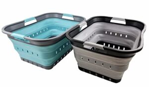 sammart 42l (11 gallon) set of 2 collapsible plastic laundry basket - foldable pop up storage container/organizer - portable basket - space saving hamper/basket (alloy grey + crystal blue)