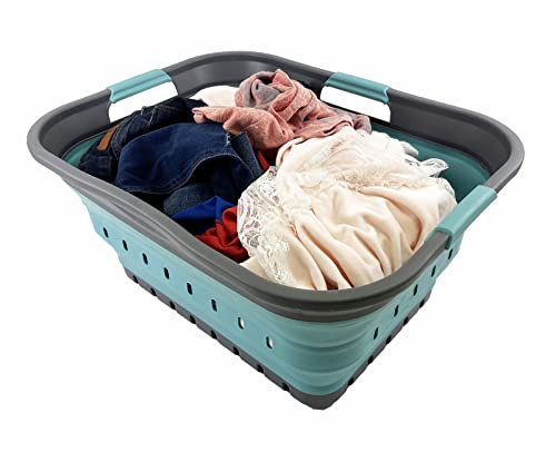 SAMMART 42L (11 gallon) Set of 2 Collapsible Plastic Laundry Basket - Foldable Pop Up Storage Container/Organizer - Portable Basket - Space Saving Hamper/Basket (Alloy Grey + Crystal Blue)