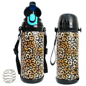 27 oz vacuum insulated water bottle with 2 lids, stainless steel leak proof insulated cup with strap keep drinks hot and cold long hours for women, leopard metal water bottles for school sports
