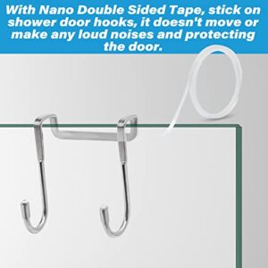 2 Pack Shower Door Hooks 304 Stainless Steel with 1M Nano Tape, Jcabin Over Shower Glass Door Hooks for Bathroom Frameless Glass Shower Door for Hanging Clothes, Towel - Silver