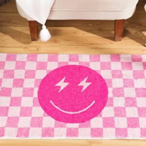 Pink Smile Face Rug Preppy Buffalo Check Plaid Contemporary Funny Rug Checkered Carpet Preppy Room Decor Reversible Rug for Living Room Bedroom Dormitory Front Porch Hallway Farmhouse, 1.97 x 3.28 ft