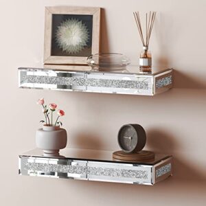 shyfoy mirrored floating shelves wall mounted set of 2, glitter mirror storage wall shelves for bedroom, living room, bathroom, kitchen, office and more, 15"x5.9"x2.2", silver