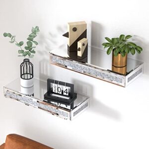 SHYFOY Mirrored Floating Shelves Wall Mounted Set of 2, Glitter Mirror Storage Wall Shelves for Bedroom, Living Room, Bathroom, Kitchen, Office and More, 15"x5.9"x2.2", Silver