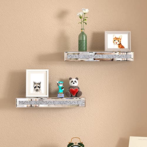 SHYFOY Mirrored Floating Shelves Wall Mounted Set of 2, Glitter Mirror Storage Wall Shelves for Bedroom, Living Room, Bathroom, Kitchen, Office and More, 15"x5.9"x2.2", Silver
