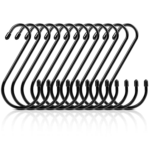 IEKEODI 6 Inch S Hook, Large Vinyl Coated S Hooks with Rubber Stopper Non Slip Heavy Duty S Hook, Steel Metal Black Rubber Coated Closet S Hooks for for Kitchen, Work Shop, Bathroom, Garden(12Pack)