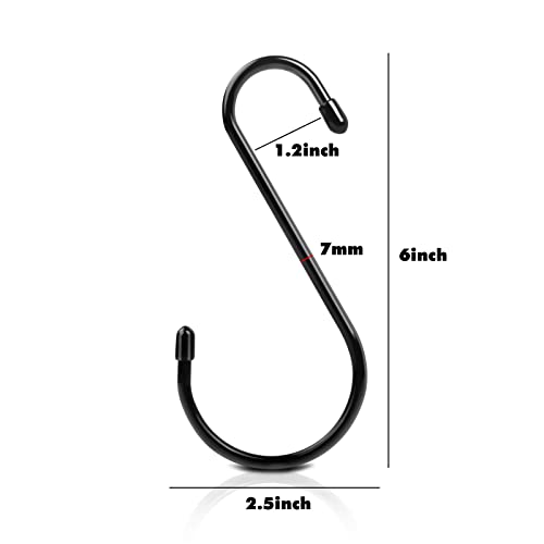 IEKEODI 6 Inch S Hook, Large Vinyl Coated S Hooks with Rubber Stopper Non Slip Heavy Duty S Hook, Steel Metal Black Rubber Coated Closet S Hooks for for Kitchen, Work Shop, Bathroom, Garden(12Pack)