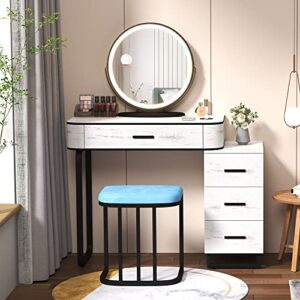 lvsomt vanity desk with 3-color touch screen lighted mirror, makeup vanity table set with lights & charging station, 4 drawers, dressing table with stool for women girls (wood-white)