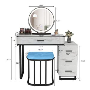 LVSOMT Vanity Desk with 3-Color Touch Screen Lighted Mirror, Makeup Vanity Table Set with Lights & Charging Station, 4 Drawers, Dressing Table with Stool for Women Girls (Wood-White)