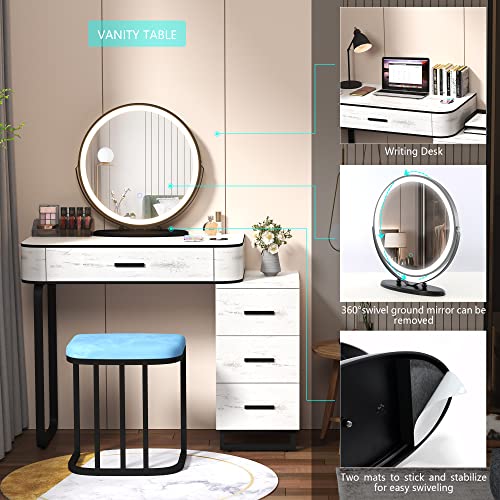 LVSOMT Vanity Desk with 3-Color Touch Screen Lighted Mirror, Makeup Vanity Table Set with Lights & Charging Station, 4 Drawers, Dressing Table with Stool for Women Girls (Wood-White)