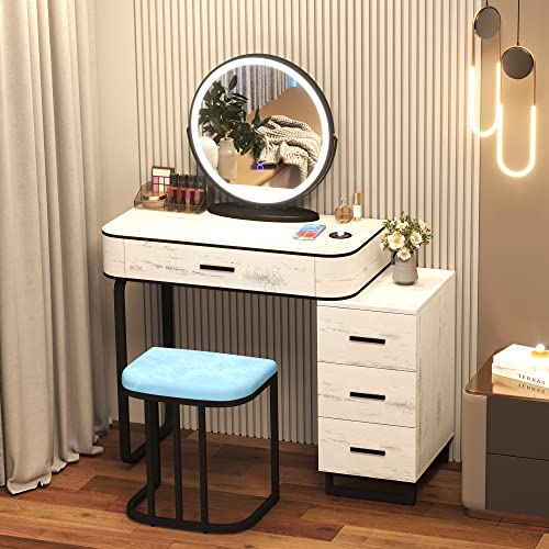 LVSOMT Vanity Desk with 3-Color Touch Screen Lighted Mirror, Makeup Vanity Table Set with Lights & Charging Station, 4 Drawers, Dressing Table with Stool for Women Girls (Wood-White)