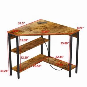 Auromie Corner Desk with Outlets & USB Ports, 90 Degree Triangle Corner Table with CPU Stand & Storage Shelves for Small Space, Computer Table with Charging Station for Home Office Bedroom (Rustic)