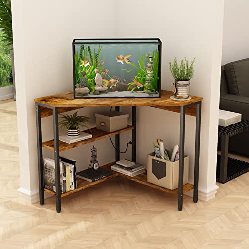 Auromie Corner Desk with Outlets & USB Ports, 90 Degree Triangle Corner Table with CPU Stand & Storage Shelves for Small Space, Computer Table with Charging Station for Home Office Bedroom (Rustic)