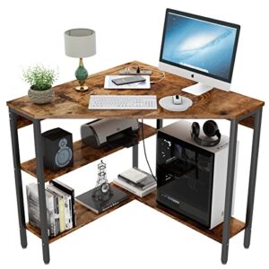 auromie corner desk with outlets & usb ports, 90 degree triangle corner table with cpu stand & storage shelves for small space, computer table with charging station for home office bedroom (rustic)