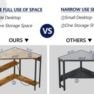 Auromie Corner Desk with Outlets & USB Ports, 90 Degree Triangle Corner Table with CPU Stand & Storage Shelves for Small Space, Computer Table with Charging Station for Home Office Bedroom (Rustic)