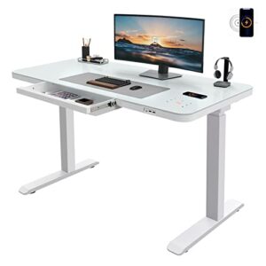 ergomore glass standing desk with wireless charging, 45x23 inch dual motor height adjustable desk with drawer, touch control, 3 memory presets, power strip and usb ports for home and office (white)