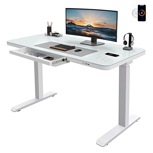 ERGOMORE Glass Standing Desk with Wireless Charging, 45x23 Inch Dual Motor Height Adjustable Desk with Drawer, Touch Control, 3 Memory Presets, Power Strip and USB Ports for Home and Office (White)