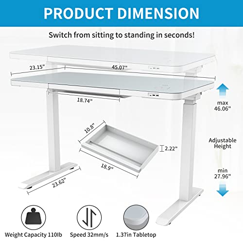 ERGOMORE Glass Standing Desk with Wireless Charging, 45x23 Inch Dual Motor Height Adjustable Desk with Drawer, Touch Control, 3 Memory Presets, Power Strip and USB Ports for Home and Office (White)