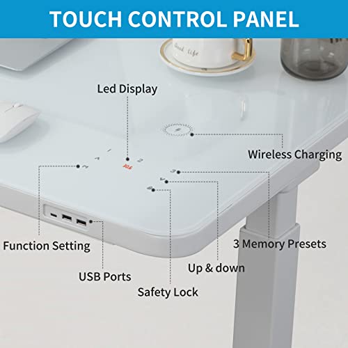 ERGOMORE Glass Standing Desk with Wireless Charging, 45x23 Inch Dual Motor Height Adjustable Desk with Drawer, Touch Control, 3 Memory Presets, Power Strip and USB Ports for Home and Office (White)