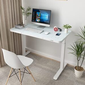 ERGOMORE Glass Standing Desk with Wireless Charging, 45x23 Inch Dual Motor Height Adjustable Desk with Drawer, Touch Control, 3 Memory Presets, Power Strip and USB Ports for Home and Office (White)