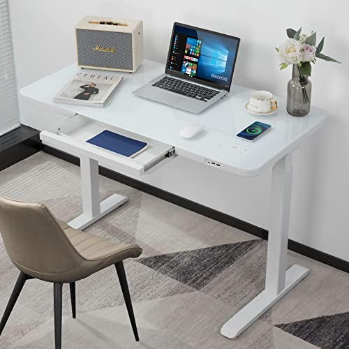 ERGOMORE Glass Standing Desk with Wireless Charging, 45x23 Inch Dual Motor Height Adjustable Desk with Drawer, Touch Control, 3 Memory Presets, Power Strip and USB Ports for Home and Office (White)