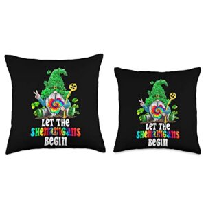 Colorful St Patricks Day Gnome Lover Irish Lucky Let Shenanigans Begin Colorful Gnomes St Patricks Day Throw Pillow, 16x16, Multicolor