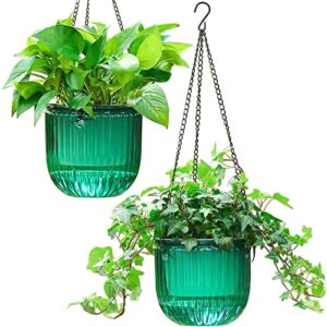 melphoe 2 pack self watering hanging planters indoor flower pots, 6.5 inch outdoor hanging basket, plant hanger with 3hooks drainage holes for garden home (emerald)