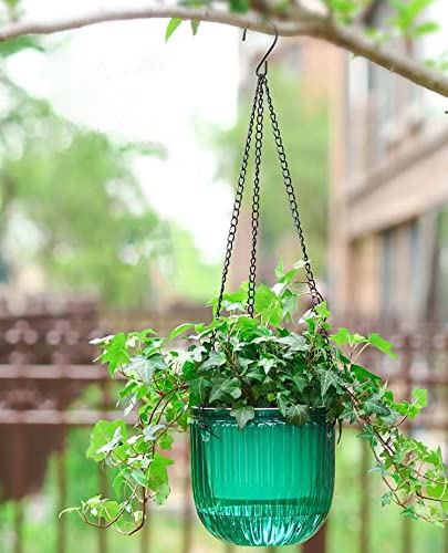 Melphoe 2 Pack Self Watering Hanging Planters Indoor Flower Pots, 6.5 Inch Outdoor Hanging Basket, Plant Hanger with 3Hooks Drainage Holes for Garden Home (Emerald)