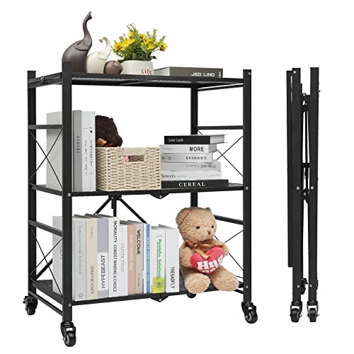 Tancee 3-Tier Foldable Storage Shelves with Upgraded Wheels, Free Standing Shelving Unit Utility Shelf, Storage Rack for Kitchen, Pantry, Garage, Basement