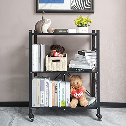 Tancee 3-Tier Foldable Storage Shelves with Upgraded Wheels, Free Standing Shelving Unit Utility Shelf, Storage Rack for Kitchen, Pantry, Garage, Basement
