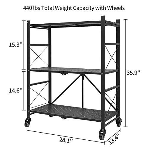 Tancee 3-Tier Foldable Storage Shelves with Upgraded Wheels, Free Standing Shelving Unit Utility Shelf, Storage Rack for Kitchen, Pantry, Garage, Basement