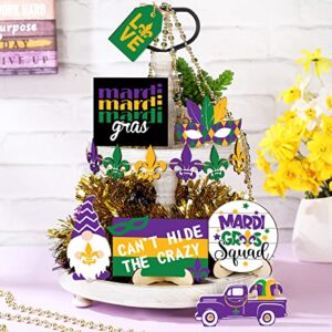 13 Pieces Mardi Gras Decor Mardi Gras Tiered Tray Decor Carnival Tier Tray Decorations Mardi Gras Centerpieces for Tables Wood Gnomes Trays Signs with 2 Wood Bases for Home Mardi Gras Party Decoration