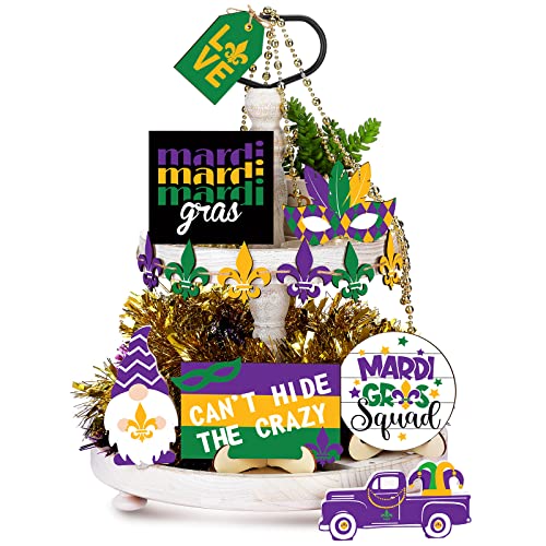 13 Pieces Mardi Gras Decor Mardi Gras Tiered Tray Decor Carnival Tier Tray Decorations Mardi Gras Centerpieces for Tables Wood Gnomes Trays Signs with 2 Wood Bases for Home Mardi Gras Party Decoration