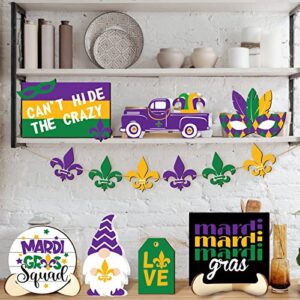 13 Pieces Mardi Gras Decor Mardi Gras Tiered Tray Decor Carnival Tier Tray Decorations Mardi Gras Centerpieces for Tables Wood Gnomes Trays Signs with 2 Wood Bases for Home Mardi Gras Party Decoration