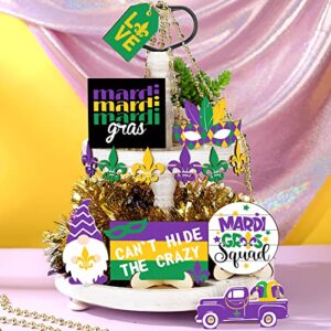 13 Pieces Mardi Gras Decor Mardi Gras Tiered Tray Decor Carnival Tier Tray Decorations Mardi Gras Centerpieces for Tables Wood Gnomes Trays Signs with 2 Wood Bases for Home Mardi Gras Party Decoration