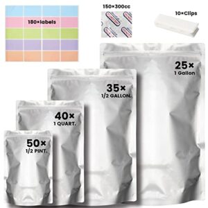 softgas 150 pack mylar bags for food storage with oxygen absorbers & labels, resealabel ziplock food grade bags for long term food storage (4 size 4.3 * 6.3/6 * 9/7.5 * 11.5/10 * 14)