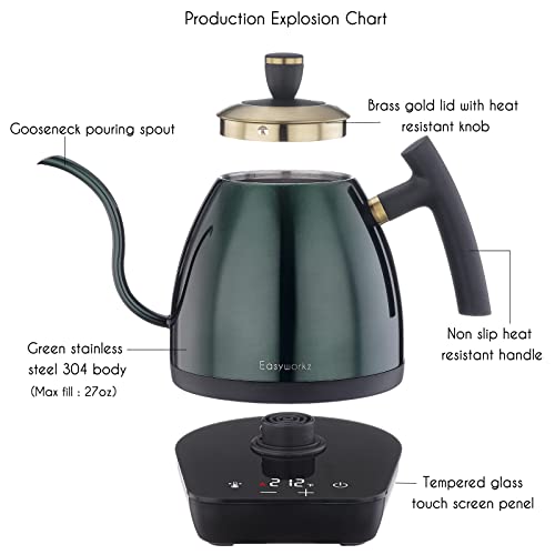 Easyworkz Electric Gooseneck Pour Over Coffee Kettle, Stainless Steel Hand Drip Tea Pot 27 Ounce Temperature Control 1200W Quick Heating