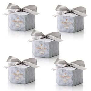 okllen 100 pcs hexagonal candy boxes 3.2"lx 2.7"wx1.8"h, wedding birthday party favor gift boxes with ribbons, marble pattern treat goodie bags for party decoration, baby shower, bridal shower, celebration