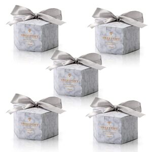 Okllen 100 Pcs Hexagonal Candy Boxes 3.2"Lx 2.7"Wx1.8"H, Wedding Birthday Party Favor Gift Boxes with Ribbons, Marble Pattern Treat Goodie Bags for Party Decoration, Baby Shower, Bridal Shower, Celebration