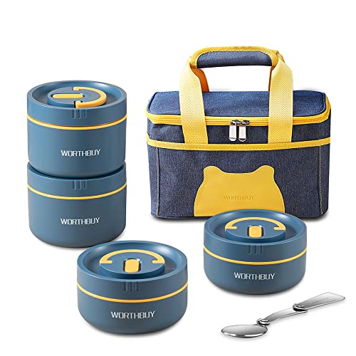 ArderLive Lunch Bento Box with Bag, Portable Leakproof Lunch Containers, 18/8 304 Stainless Steel Stackable Lunch Box for Adults, Picnic Work and Travel, 68 Oz, Blue