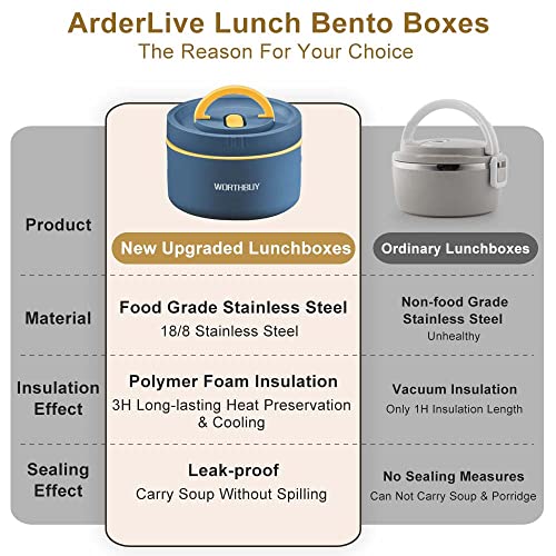 ArderLive Lunch Bento Box with Bag, Portable Leakproof Lunch Containers, 18/8 304 Stainless Steel Stackable Lunch Box for Adults, Picnic Work and Travel, 68 Oz, Blue