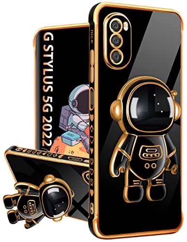 Buleens for Motorola Moto G Stylus 5G 2022 Case with Astronaut Stand, Women Girls Cases, Girly Cute 6D Outer Space Heart Pattern Phone Cover for G Stylus 5G 2022 6.8'' Black