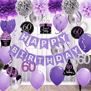60th birthday decorations women purple silver/women 60th birthday party decorations purple silver black foil hanging swirls with balloons for women 60 birthday party supplies