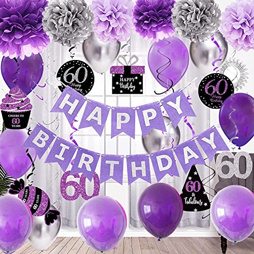 60th Birthday Decorations Women Purple Silver/Women 60th Birthday Party Decorations Purple Silver Black Foil Hanging Swirls with Balloons for Women 60 Birthday Party Supplies