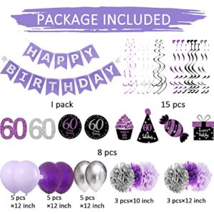 60th Birthday Decorations Women Purple Silver/Women 60th Birthday Party Decorations Purple Silver Black Foil Hanging Swirls with Balloons for Women 60 Birthday Party Supplies