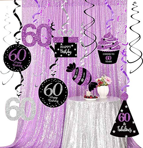 60th Birthday Decorations Women Purple Silver/Women 60th Birthday Party Decorations Purple Silver Black Foil Hanging Swirls with Balloons for Women 60 Birthday Party Supplies