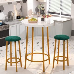 lamerge 3 piece pub dining set, counter height round bar table and stools, small bistro with metal frame, velvet ideal for breakfast nook, bistro, apartment, white + green, 30mm thickness (w36850283)